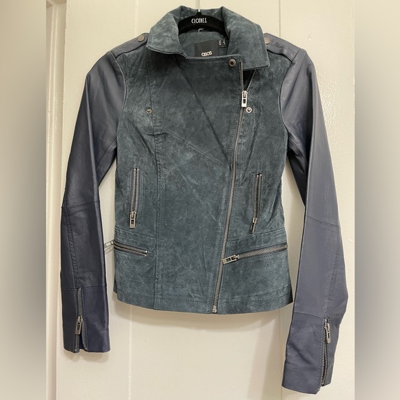 ASOS Suede & Leather Navy Biker Jacket Size 0 - Like New! - Picture 3 of 5